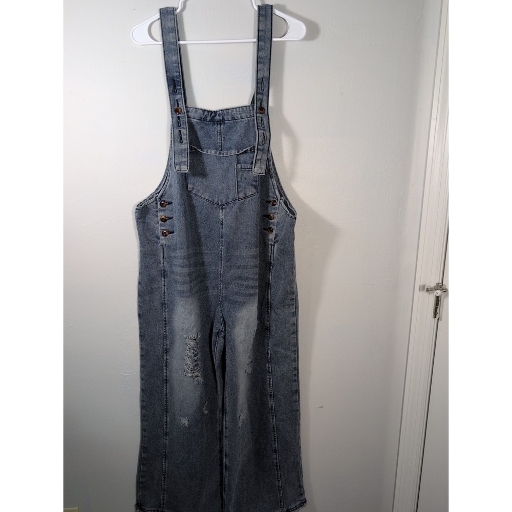 Denim Bib Overalls Womens Large Loose Distressed Ripped Blue Casual